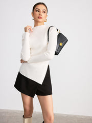 Asymmetric Slit Hem Ribbed Knit Top