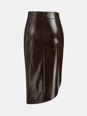 Asymmetric Ruched Slit Faux Leather Midi Skirt