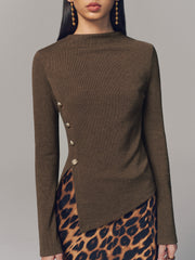 Asymmetric Hem Button Detail Long-Sleeve Top