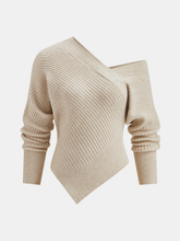 Asymmetric Neck Ribbed Knit Sweater