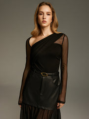 Asymmetric Neck Mesh Long-Sleeve Bodysuit