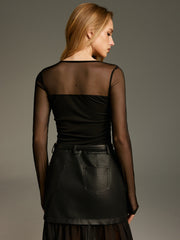 Asymmetric Neck Mesh Long-Sleeve Bodysuit