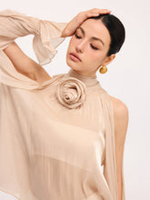 3D Rose Halter Neck Bell Sleeve Sheer Blouse