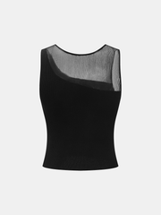 Asymmetric Mesh Ribbed Knit Tank Top