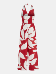 Abstract Leaf Print Halter Twist Jumpsuit