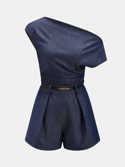 Asymmetric Off-Shoulder Denim Top & Belted Shorts Set