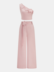 3D Flower One-Shoulder Crop Top & Pants Set
