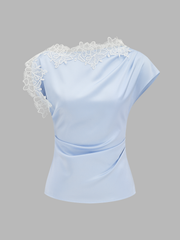 Asymmetric Lace Trim Ruched Blouse