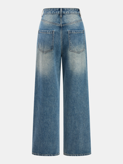 Asymmetric Waist Wide Leg Denim Pants