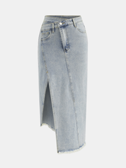 Asymmetric Denim Fringe Midi Skirt