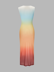 Asymmetric Neckline Sunset Gradient Mesh Midi Dress