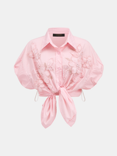 3D Floral Beaded Short Sleeve Cotton Shirt