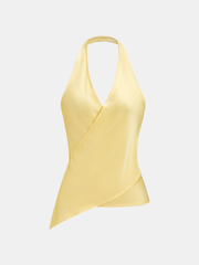 Asymmetric Hem Satin Halter Wrap Top