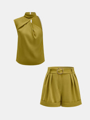 Asymmetric Neck Top & Belted Shorts Set