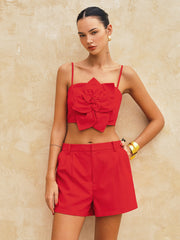 3D Flower Cotton Linen Cami Top & Shorts Set