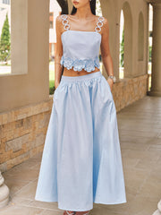 3D Flower Ring Strap Top & Pocketed Skirt Set