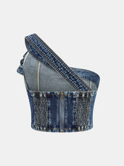3D Rose One Shoulder Denim Top