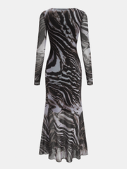 Animal Print Mesh Long Sleeve Mermaid Dress