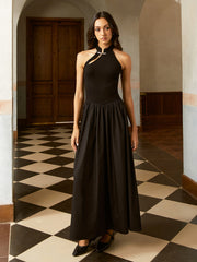 Asymmetric Pockets Cold Shoulder Pleated Long Dress