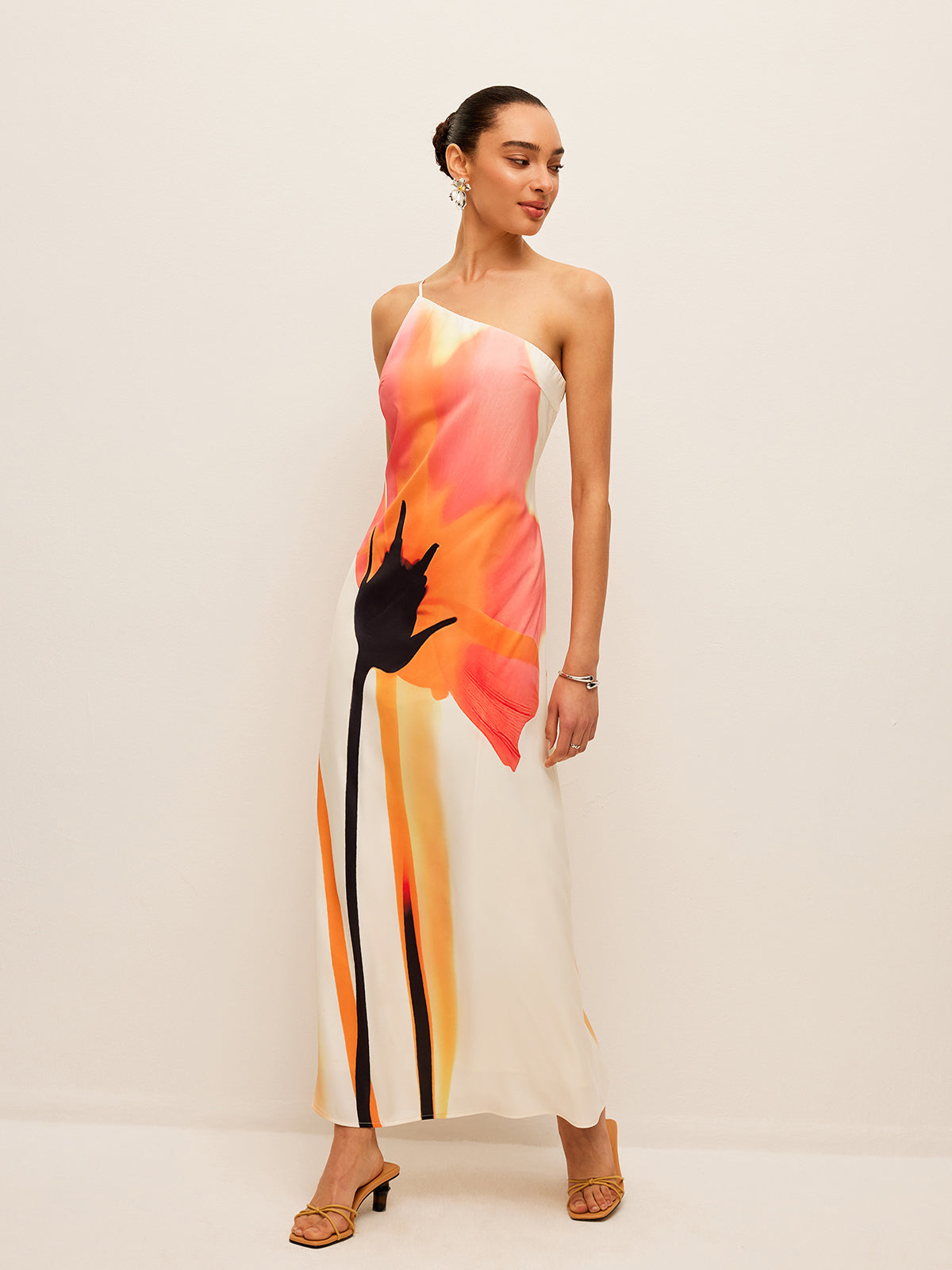 Asymmetrical Floral Print Tied Back Dress