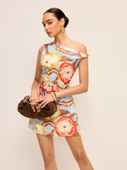 Asymmetric Neck Belted Print Dress