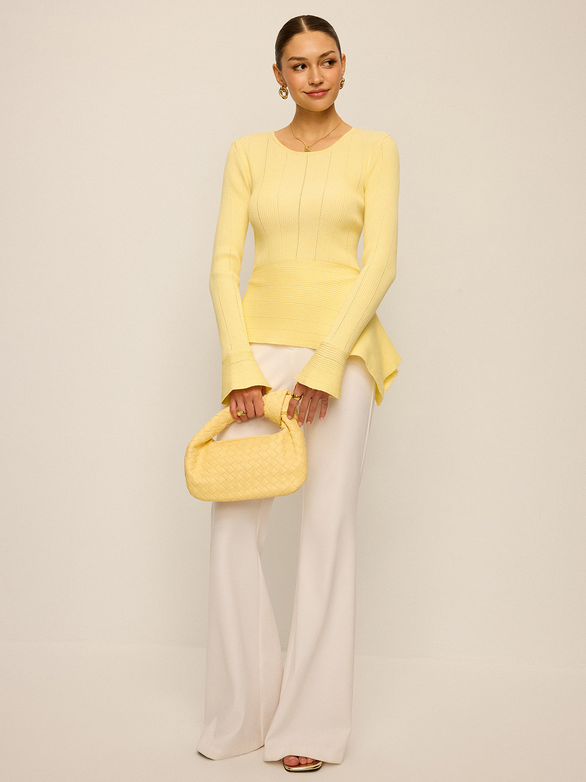 Asymmetric Hem Flare Sleeve Eyelet Sweater