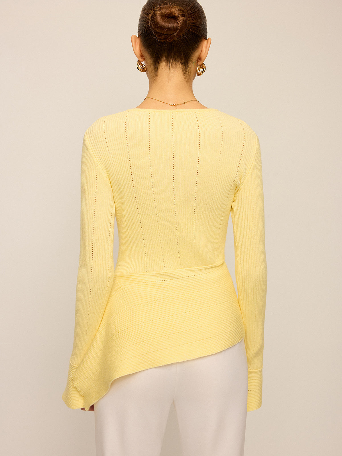 Asymmetric Hem Flare Sleeve Eyelet Sweater