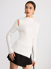 Asymmetric Slit Hem Ribbed Knit Top