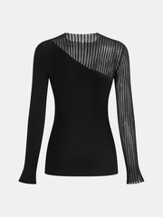 Asymmetric Sheer Mesh Panel Rib-Knit Top