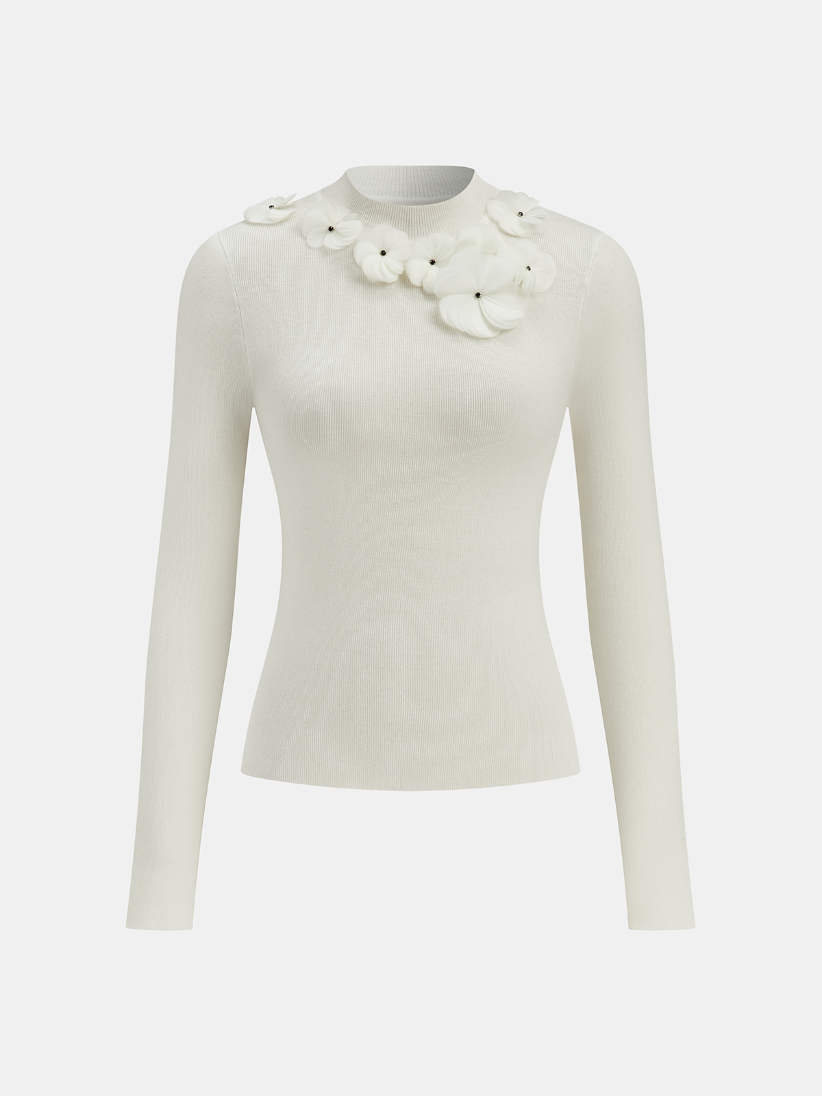 3D Floral Mock Neck Wool Blend Knit Top