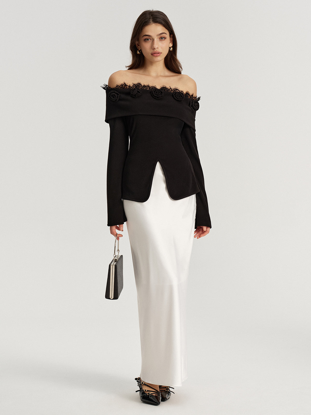 3D Rose Lace Trim Off-Shoulder Top