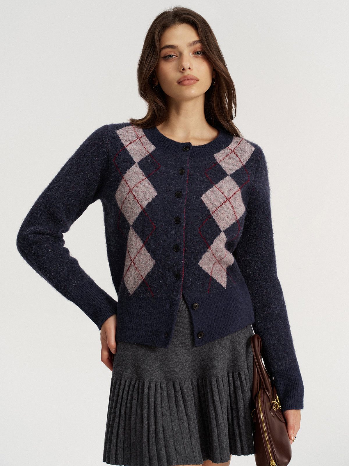Argyle Jacquard Wool Blend Cardigan