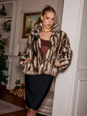 Animal Print Faux Fur Collared Jacket