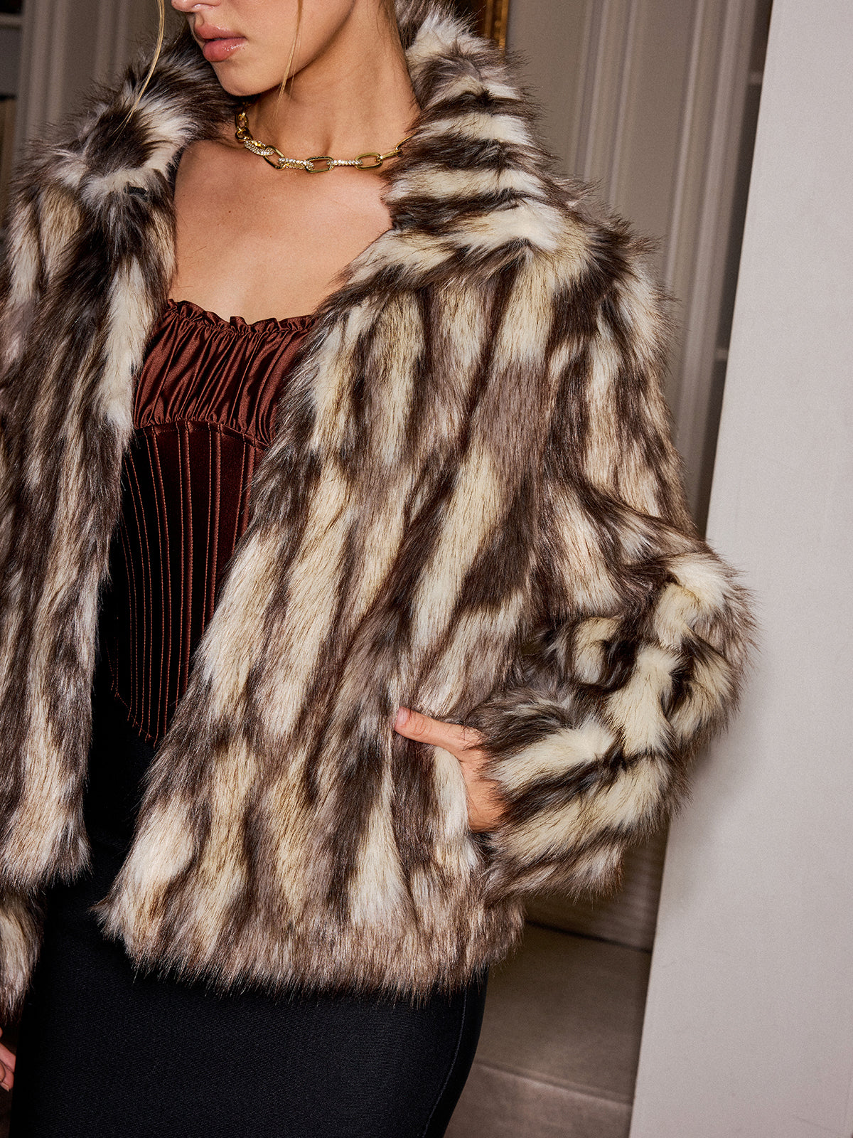 Animal Print Faux Fur Collared Jacket