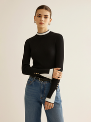 2 in 1 Contrast Cuff Mock Neck Ribbed Knit Top