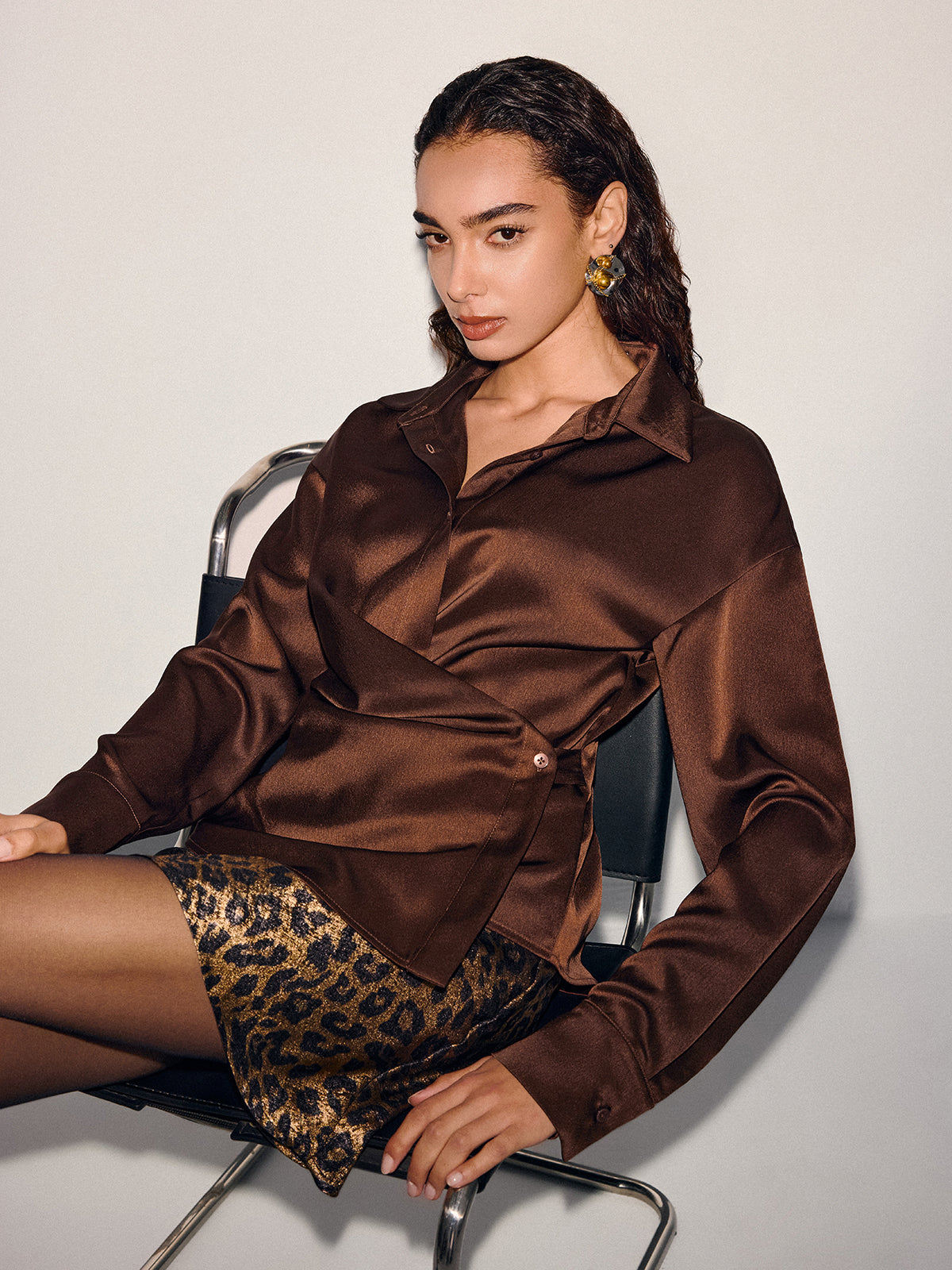 Asymmetric Wrap Satin Shirt
