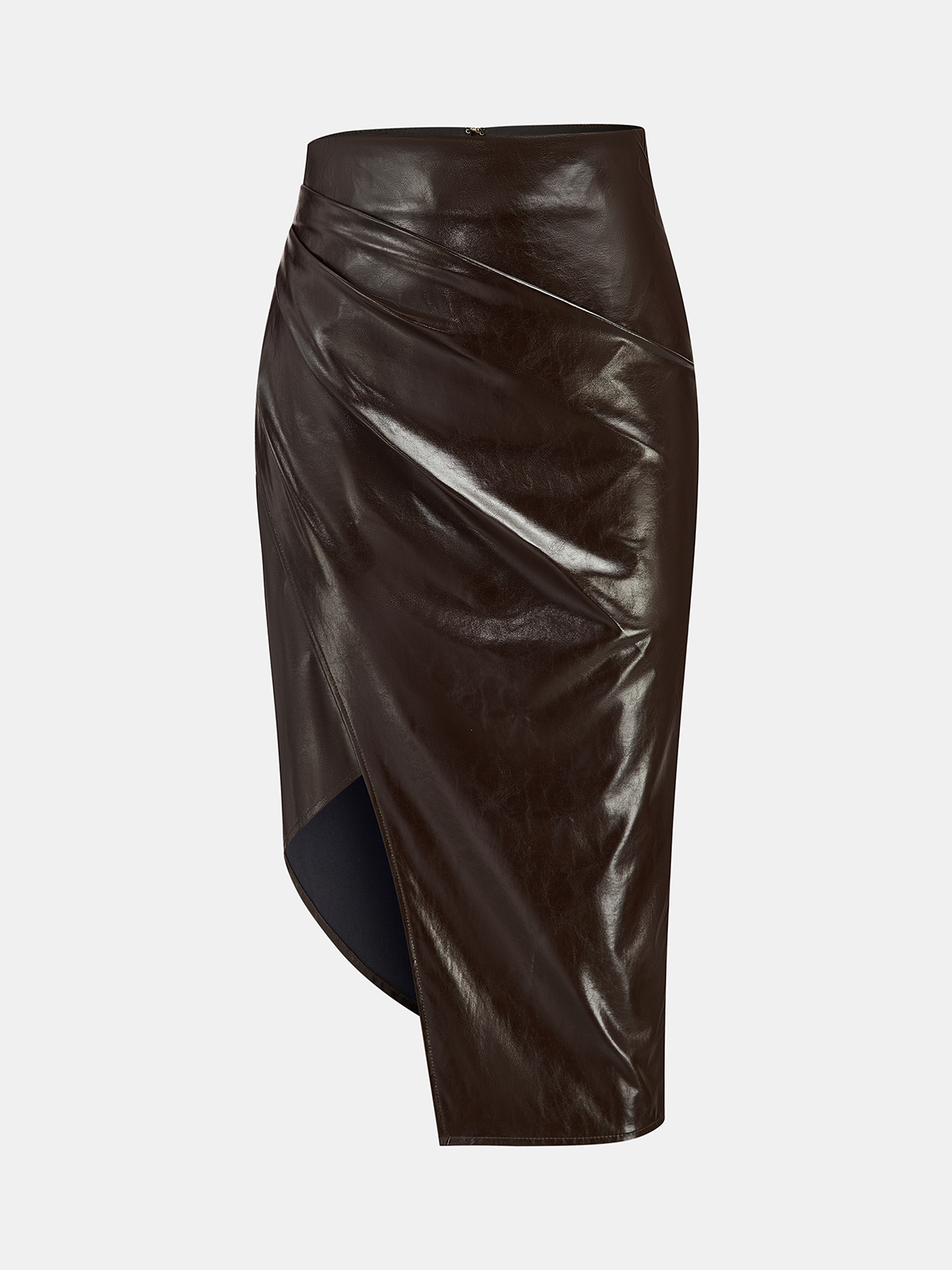 Asymmetric Ruched Slit Faux Leather Midi Skirt
