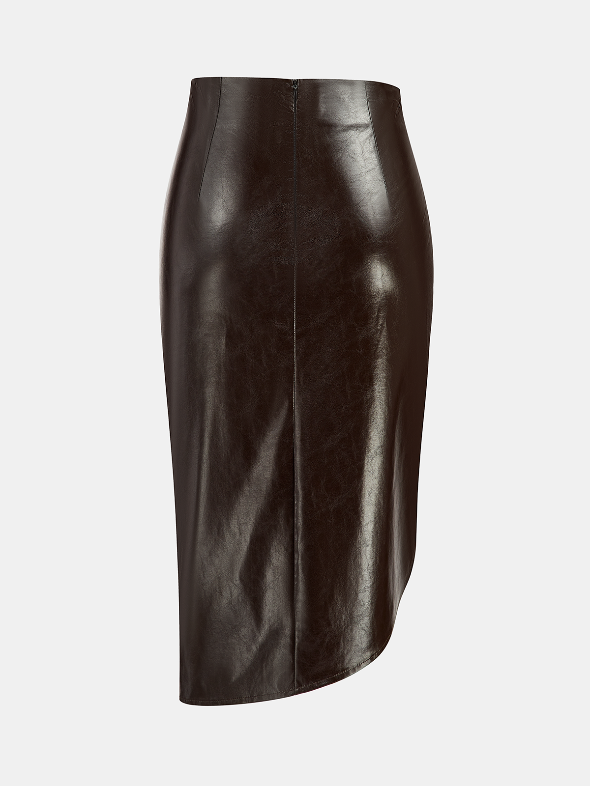 Asymmetric Ruched Slit Faux Leather Midi Skirt
