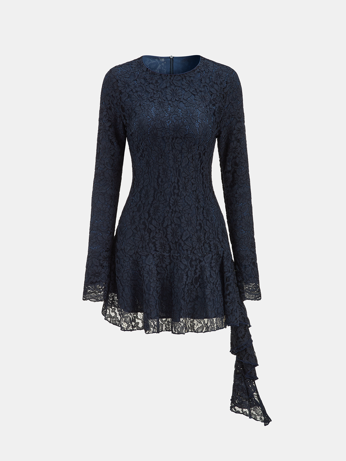 Asymmetric Ruffled Lace Long-Sleeve Dress