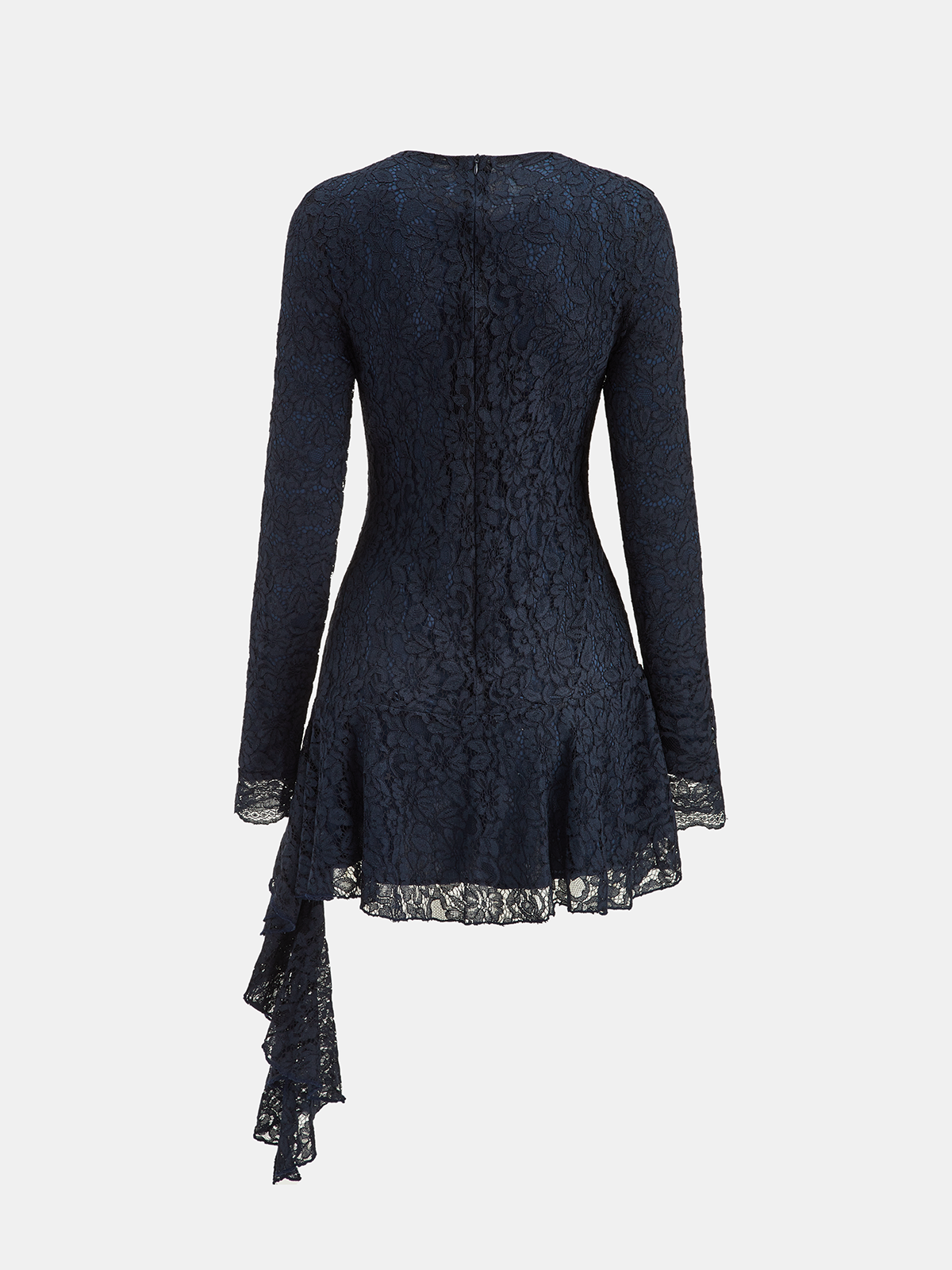 Asymmetric Ruffled Lace Long-Sleeve Dress