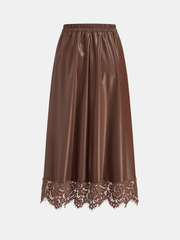 A-Line Lace Trim Faux Leather Midi Skirt