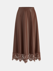 A-Line Lace Trim Faux Leather Midi Skirt