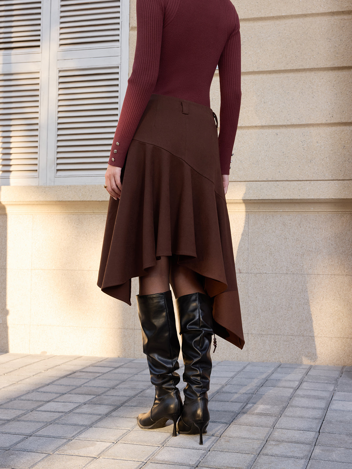 Asymmetric Ruffled Hem Suede Effect Midi Skirt