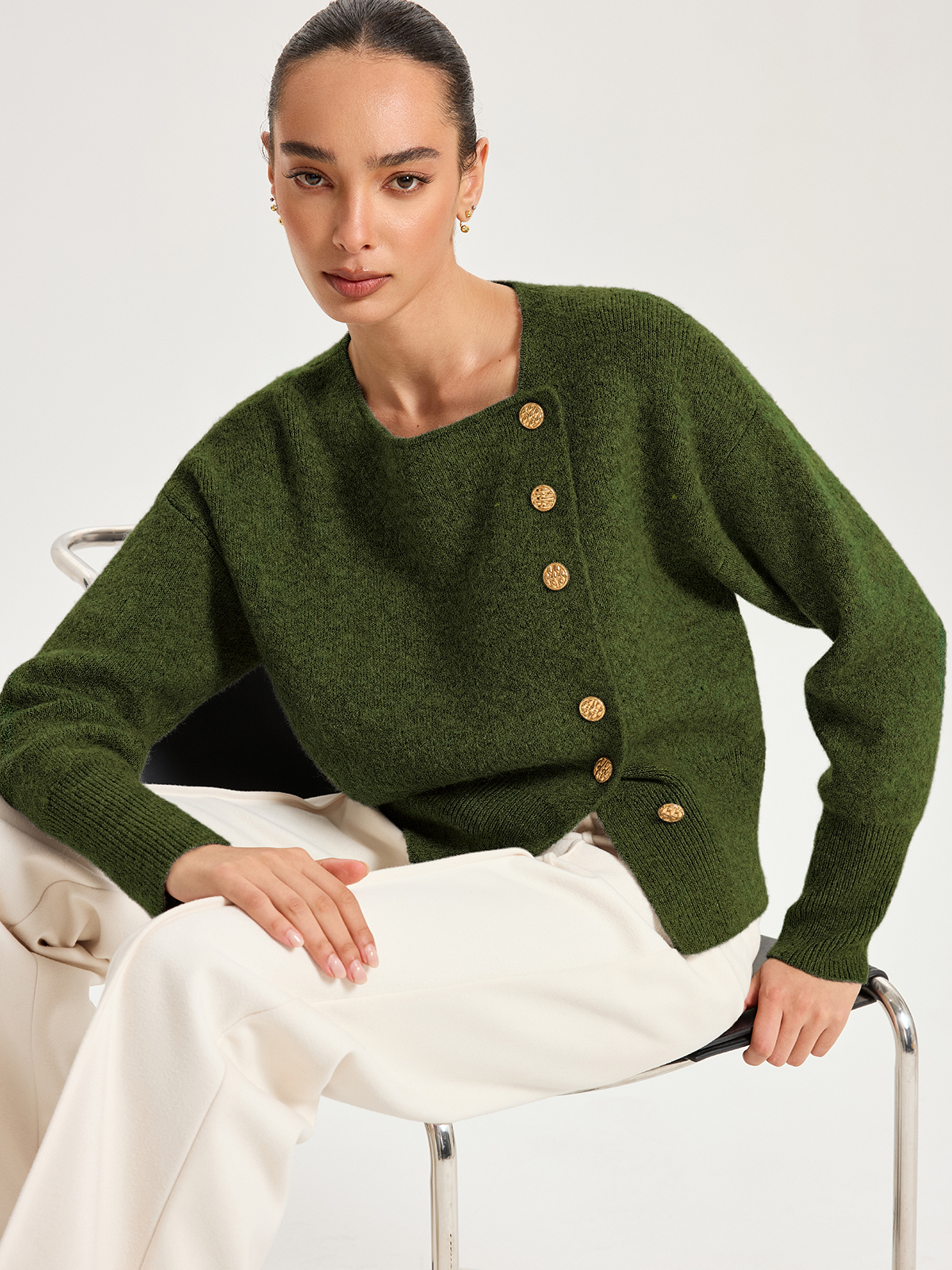 Asymmetric Metal Button Wool-Blend Cardigan