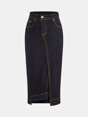 Asymmetric Slit Denim Midi Skirt