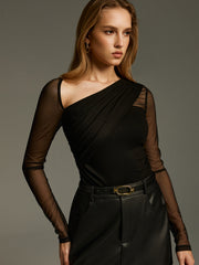 Asymmetric Neck Mesh Long-Sleeve Bodysuit