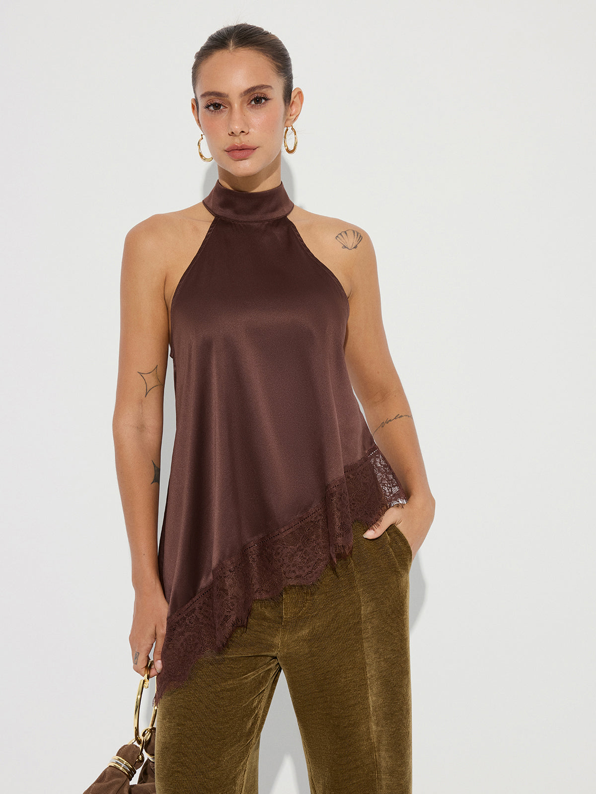 Asymmetric Lace Hem Satin Halter Top