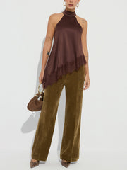 Asymmetric Lace Hem Satin Halter Top