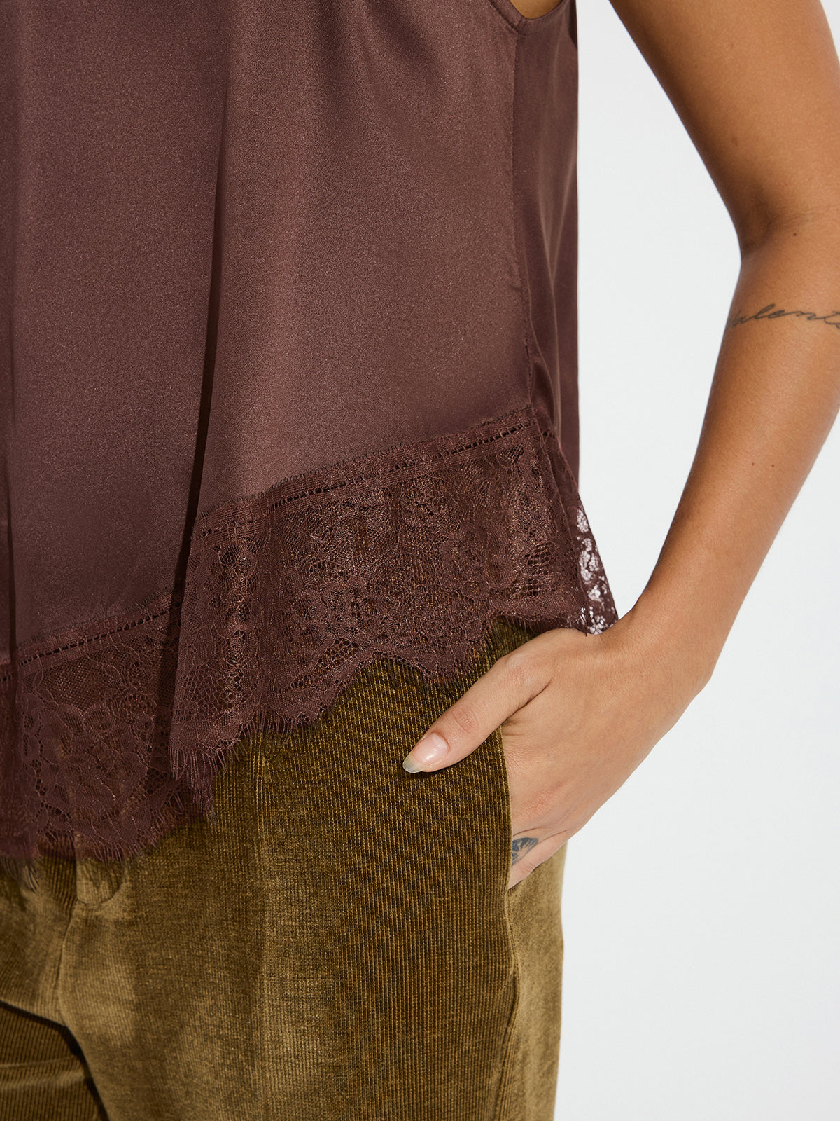 Asymmetric Lace Hem Satin Halter Top