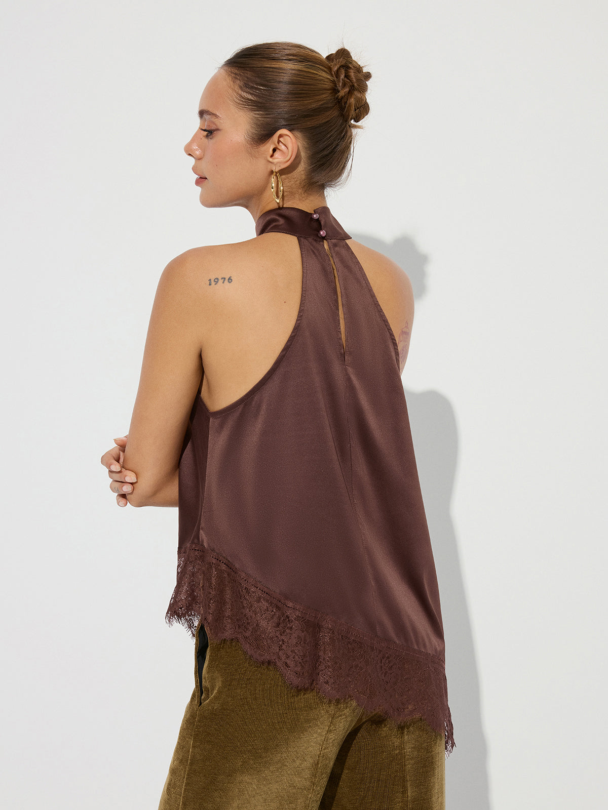Asymmetric Lace Hem Satin Halter Top
